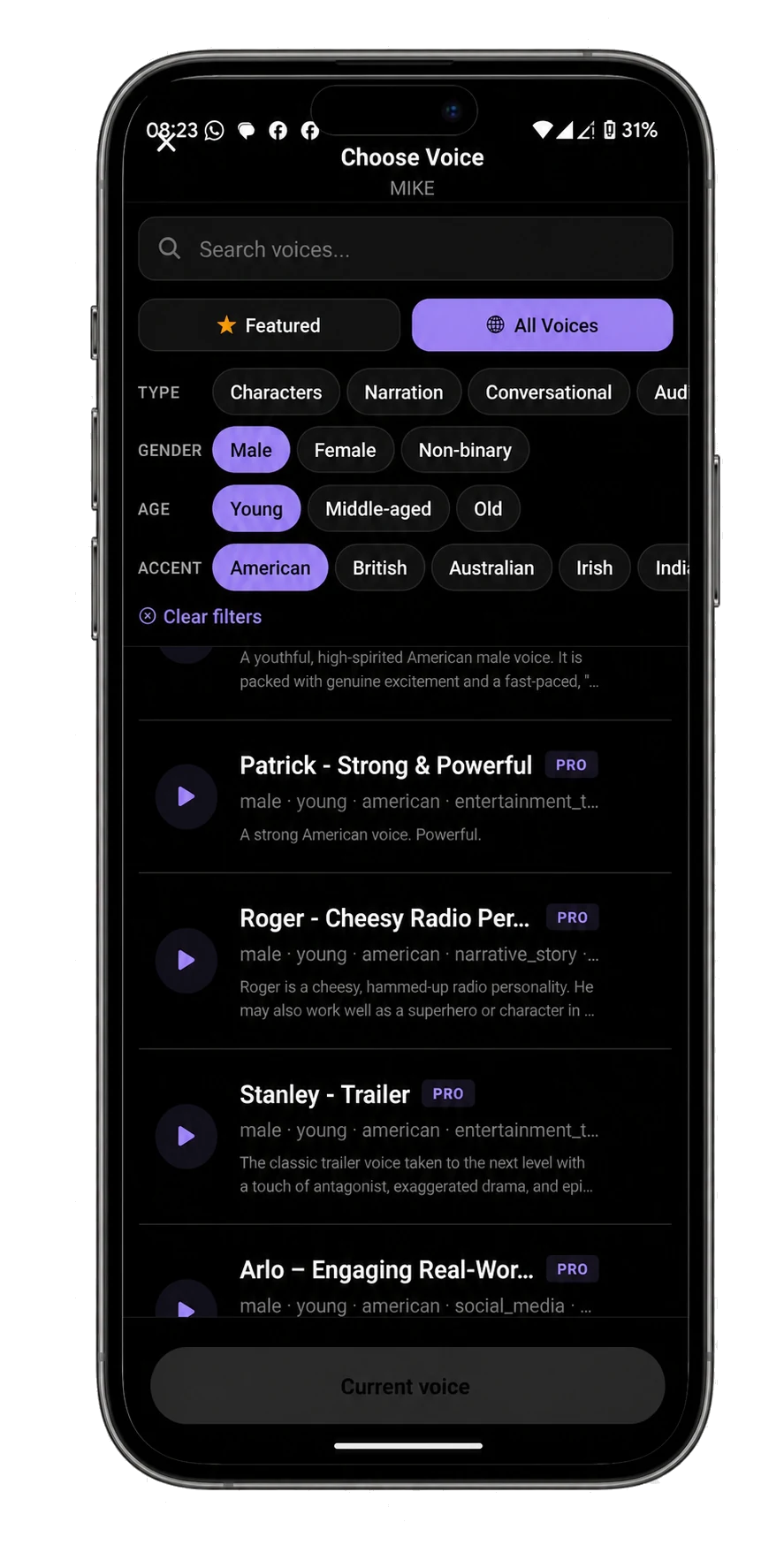 DuetMe — Choose Voice with type, gender, age and accent filters