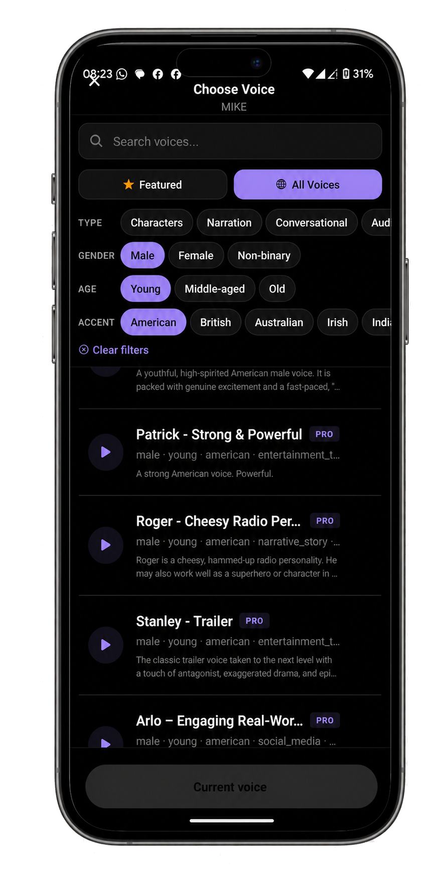 DuetMe — Choose Voice with type, gender, age and accent filters